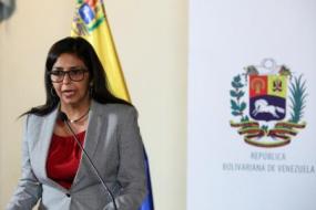 La canciller de Venezuela, Delcy Rodríguez, durante una declaración a la prensa sobre la presidencia del Mercosur en Caracas