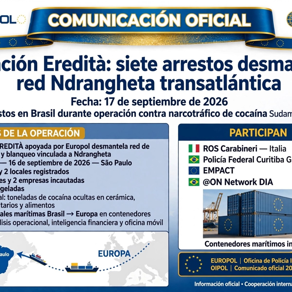 Operación Eredità: siete arrestos desmantelan la red Ndrangheta&nbsp;transatlántica